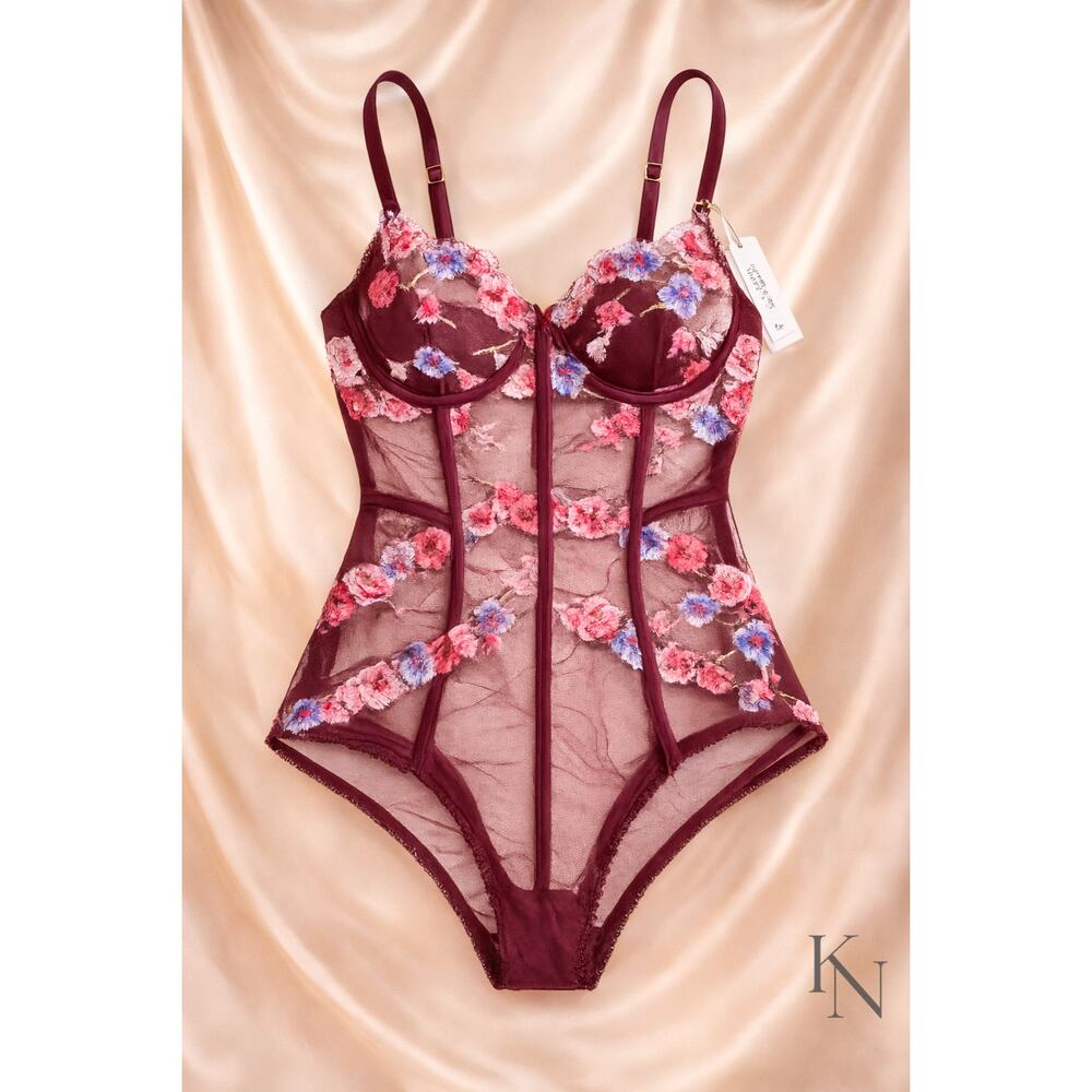 Victoria’s Secret Embroidered Floral Mesh Bodysuit Teddy XL Underwire Burgundy